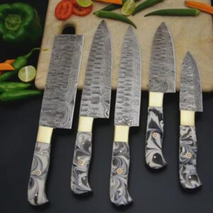 Handmade Damascus Steel Chef Knife Set: Resin Handle, Leather Kit
