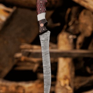 Handmade Damascus Steel Fillet Knife: Red Pakka Wood Handle, Leather Sheath