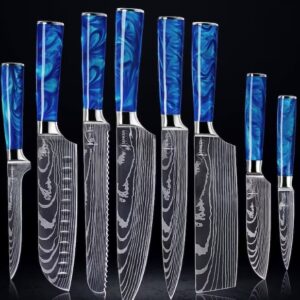 Stunning 8-Piece Japanese Kitchen Knife Set with Damascus Pattern and Beautiful Blue Resin Handle - Professional Chef Knife Set w/ Gift Box