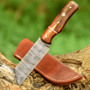 Handmade Damascus Steel Cleaver Knife: Rose Wood & Acrylic Handle, Leather Sheath